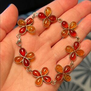 Vintage Lucky 4 Leaf Clover Baltic Amber Sterling Silver 925 Bracelet